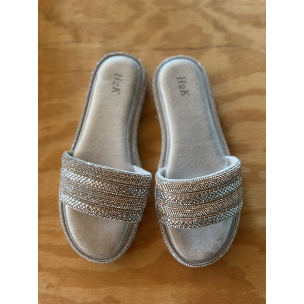 Womens Rhinestone Slides Silver Open Toe Sandals Size 9 Slipper Summer Shoes
